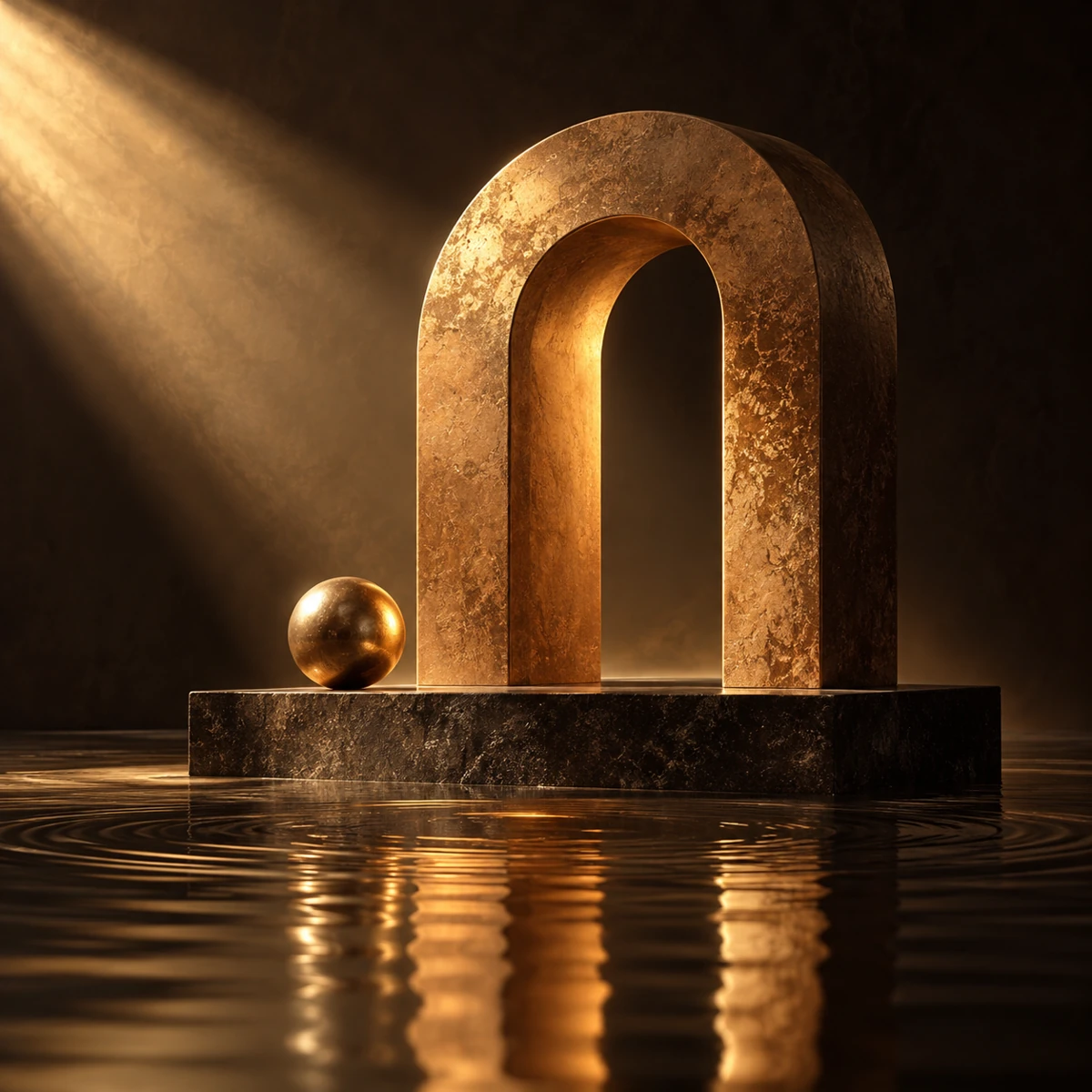 Um arco de bronze e uma esfera dourada se refletem sobre água tranquila.