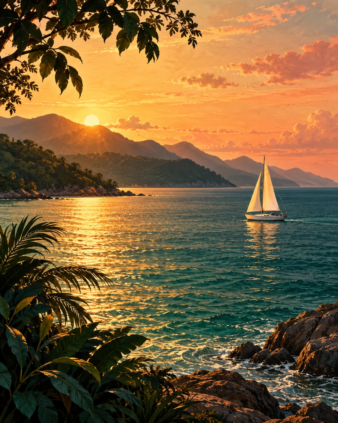 Ilustração de um veleiro em águas tranquilas de Ilhabela ao pôr do sol, cercado por montanhas