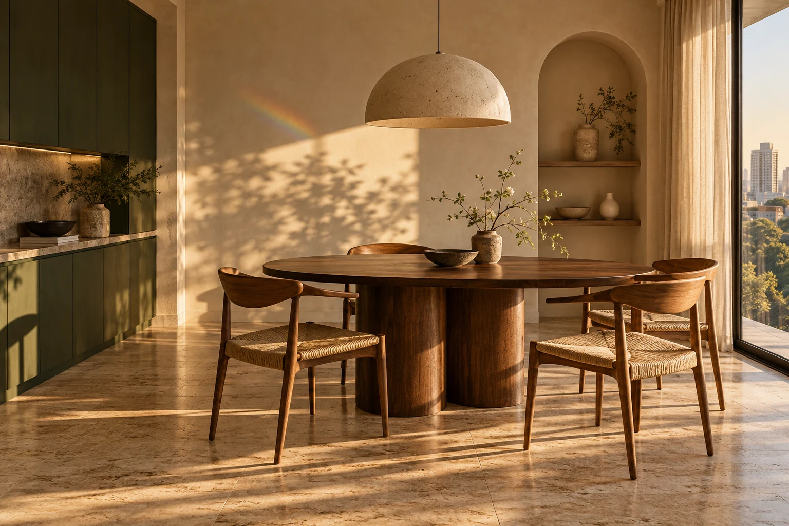 Sala de jantar com mesa oval de madeira, marcenaria verde e pendente cerâmico