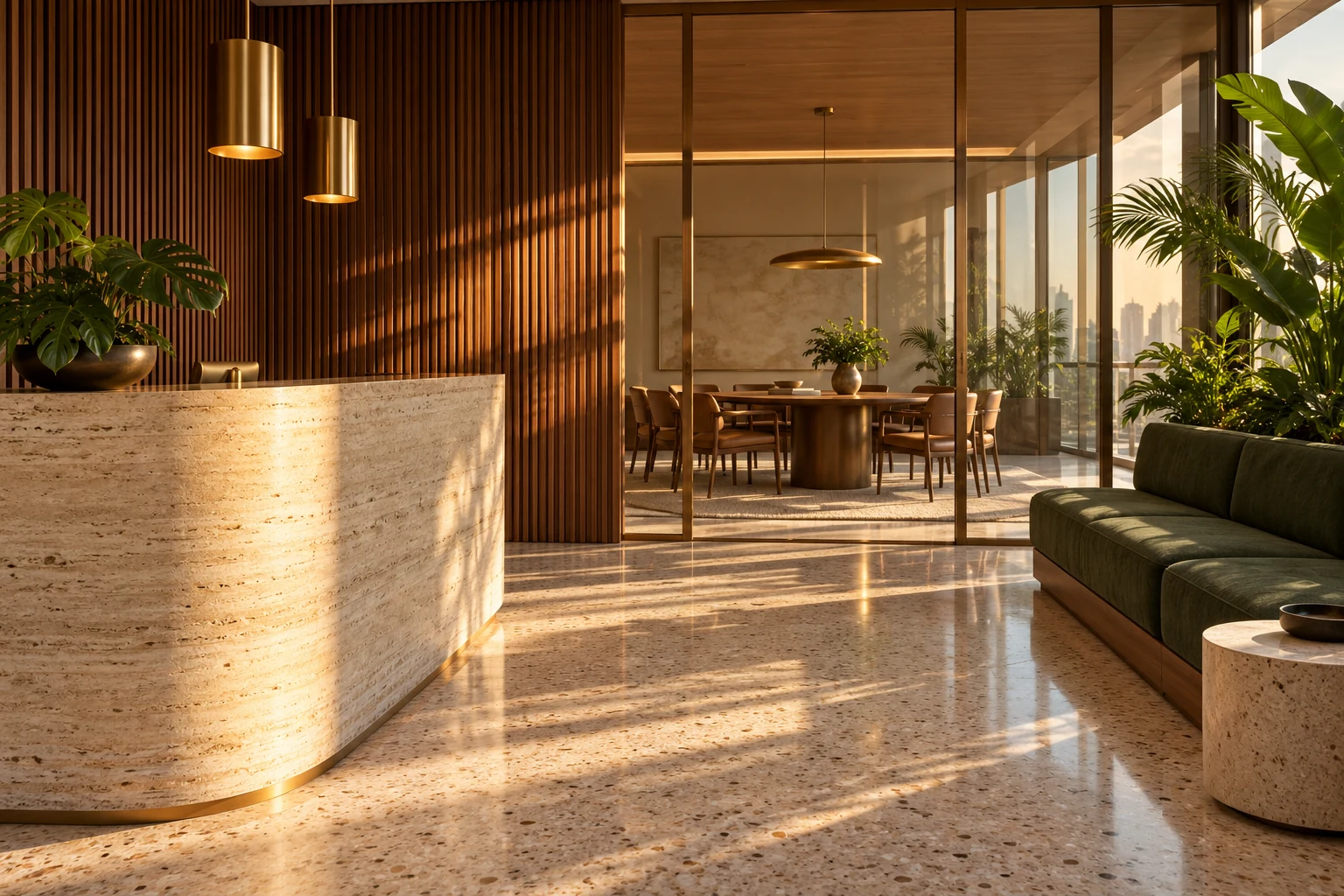 Recepção acolhedora com balcão de travertino, painéis de madeira e banco verde